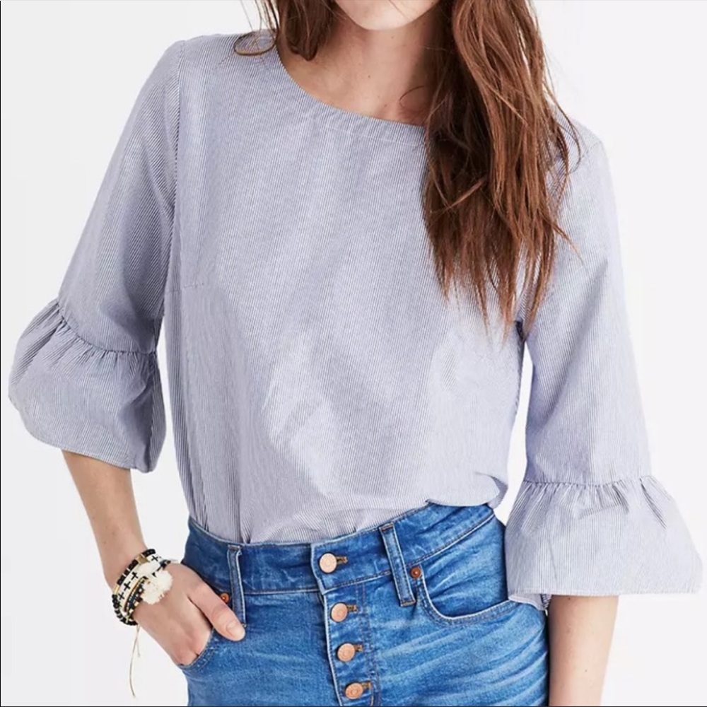 MADEWELL blue and white striped peplum/bell sleeve top size XXS NWOT